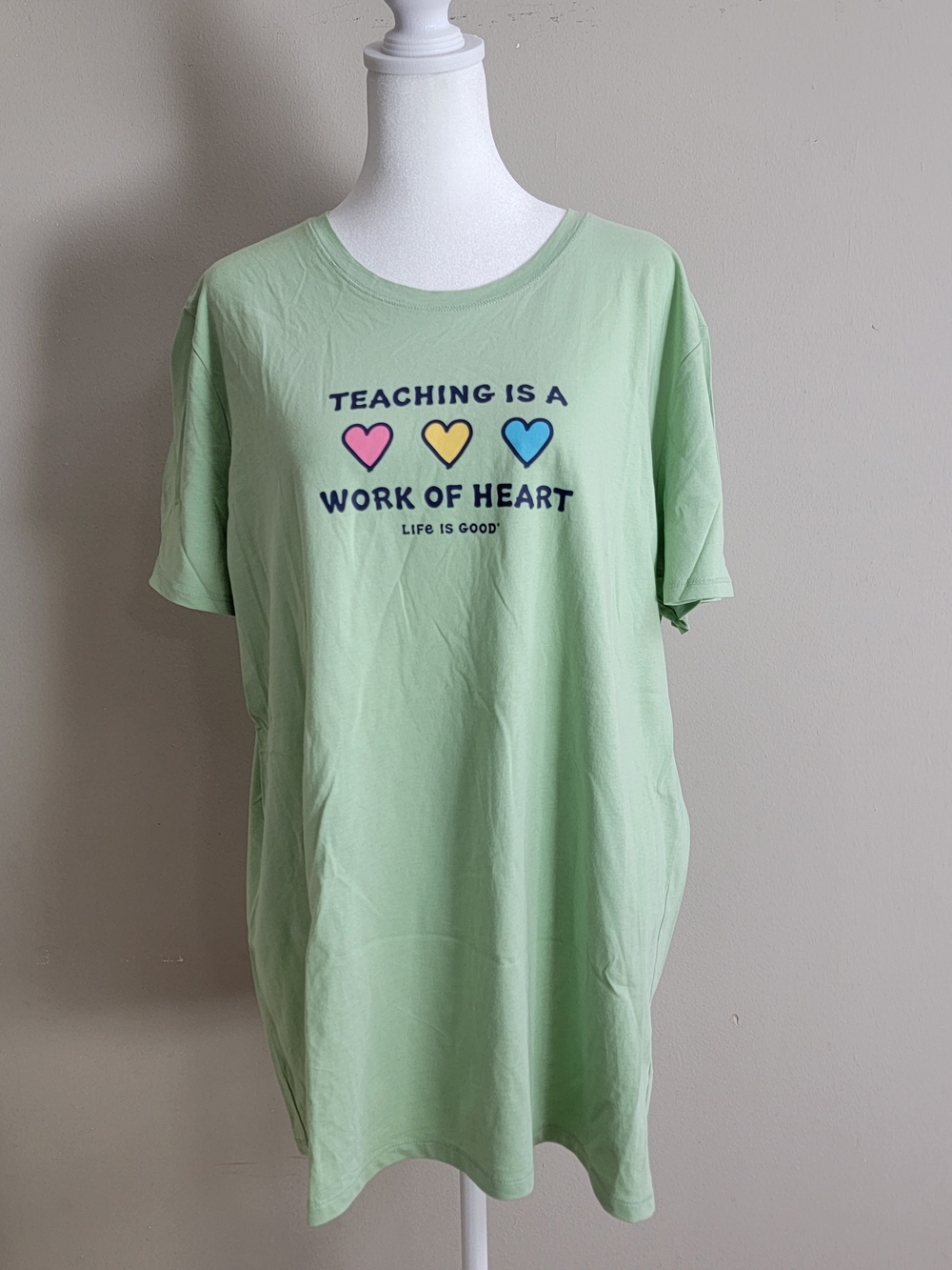 Life Is Good  "Teaching Is a Work of Heart" Mint Green Graphic Tee Size XXL